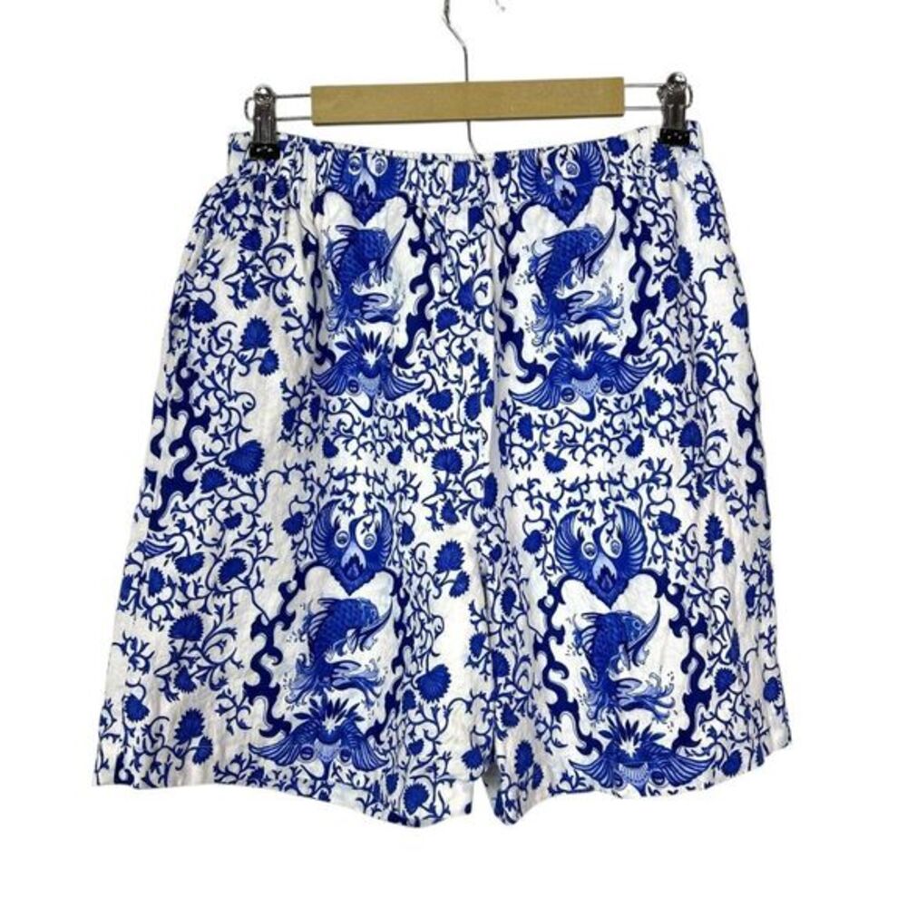 Classiques Linen Shorts Womens Blue White Bermuda Chinoiserie Floral High-Rise M